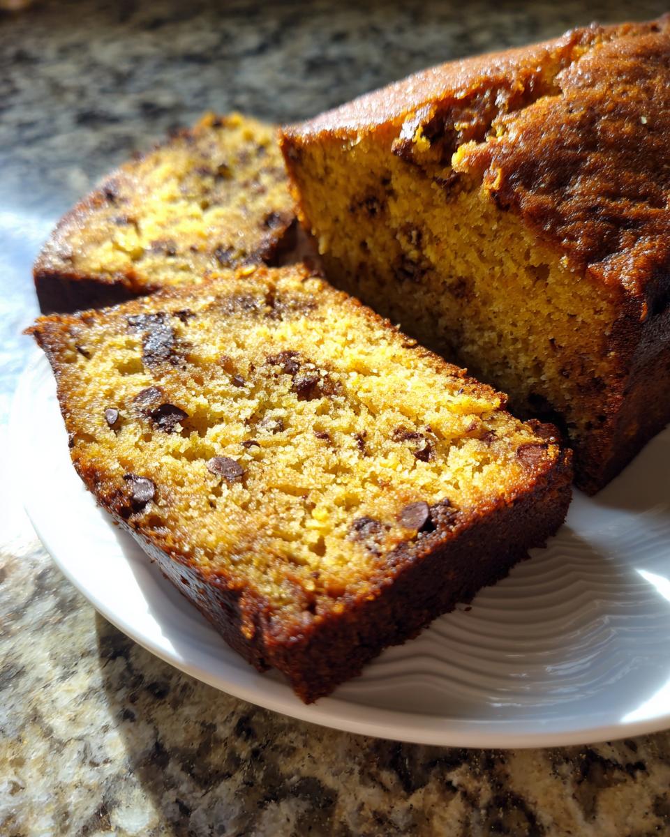 Close-up of moist vegan banana bread slices studded with chocolate chips, served on a white plate.