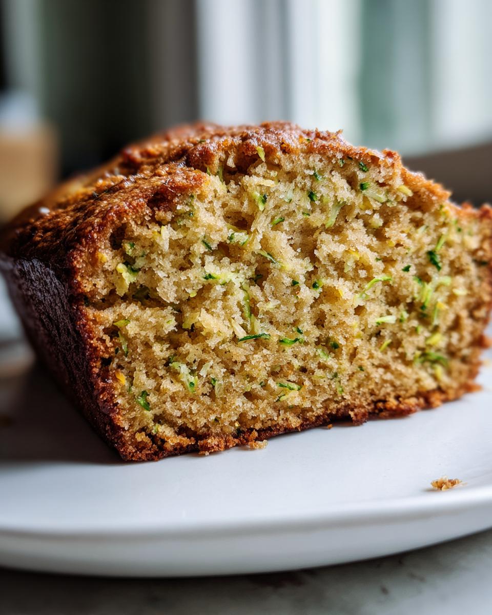 Close-up of a slice of moist zucchini banana bread showing shredded green zucchini throughout the crumb.