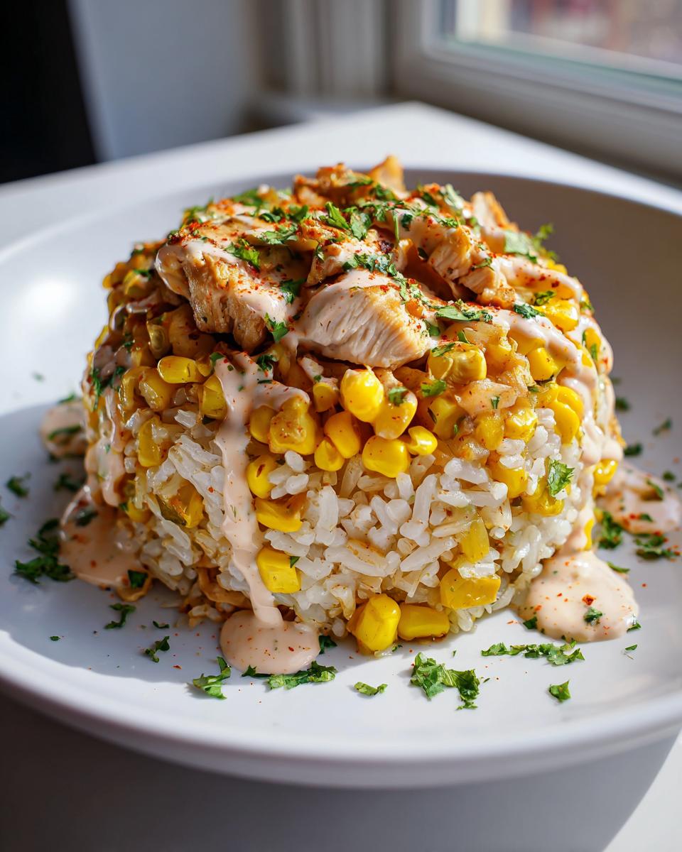 A perfectly molded chicken rice bowl featuring white rice mixed with yellow corn, topped with sliced chicken, drizzled with a pinkish sauce, and garnished with parsley.