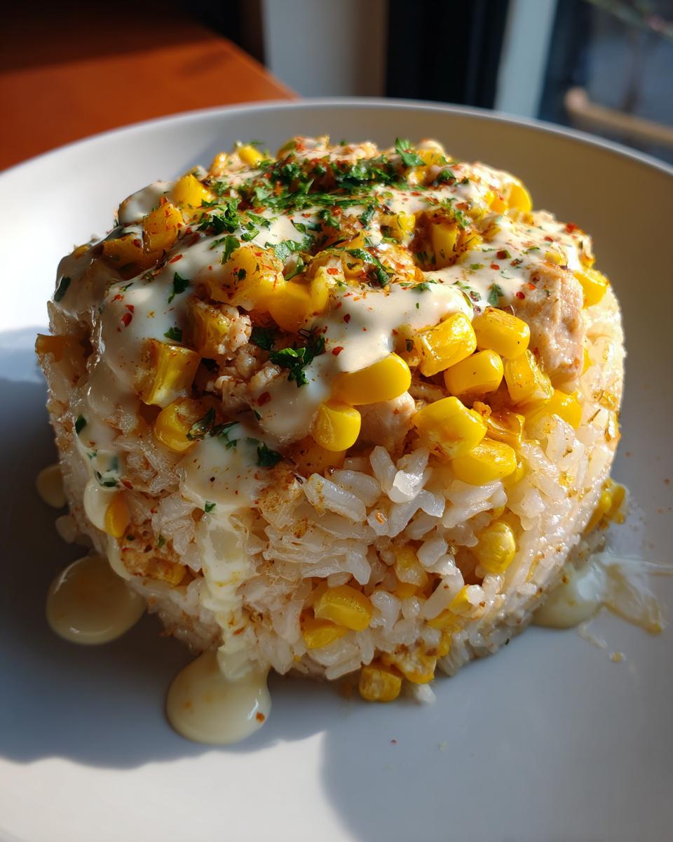 A molded portion of chicken rice bowl topped generously with sweet corn, creamy sauce, and parsley.