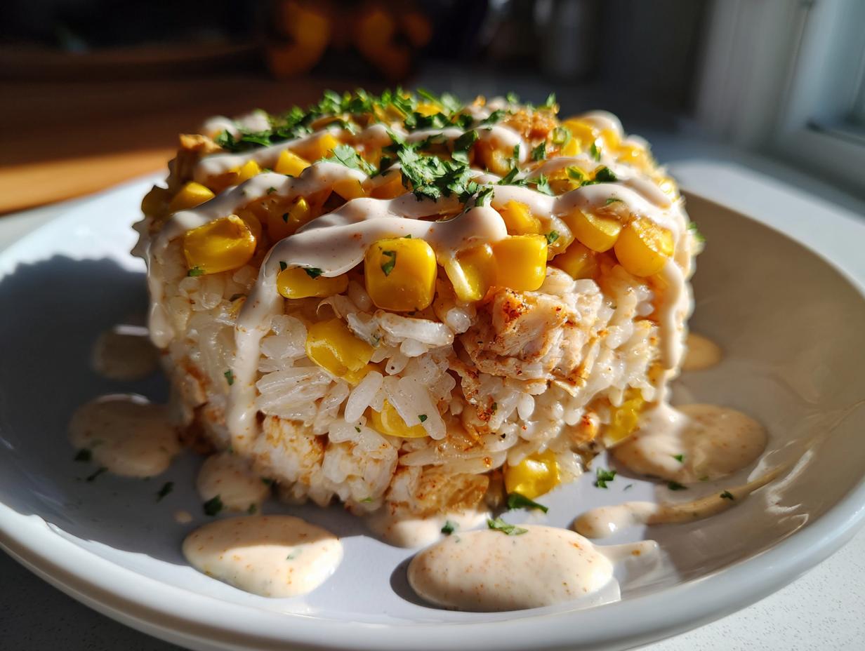 A molded portion of a chicken rice bowl featuring rice, corn kernels, drizzled with a creamy sauce, and topped with parsley.