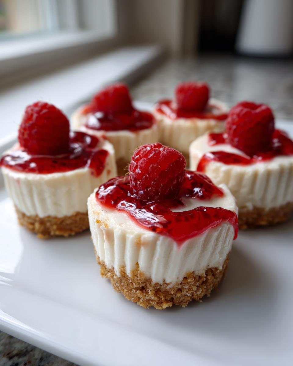 Close-up of several individual no-bake cheesecake bites topped with raspberry sauce and a fresh raspberry.