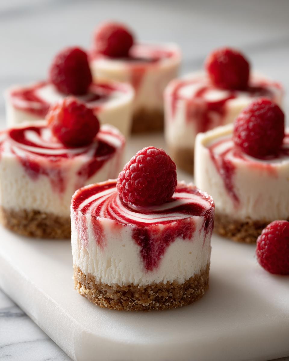 Close-up of several no-bake cheesecake bites topped with raspberry swirl and fresh raspberries.