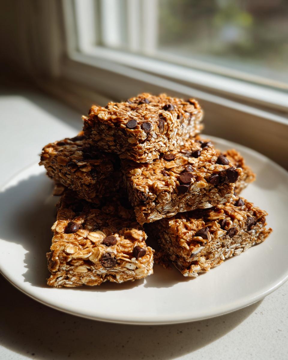 A stack of homemade no bake granola bars packed with oats and chocolate chips, sitting on a white plate near a window.