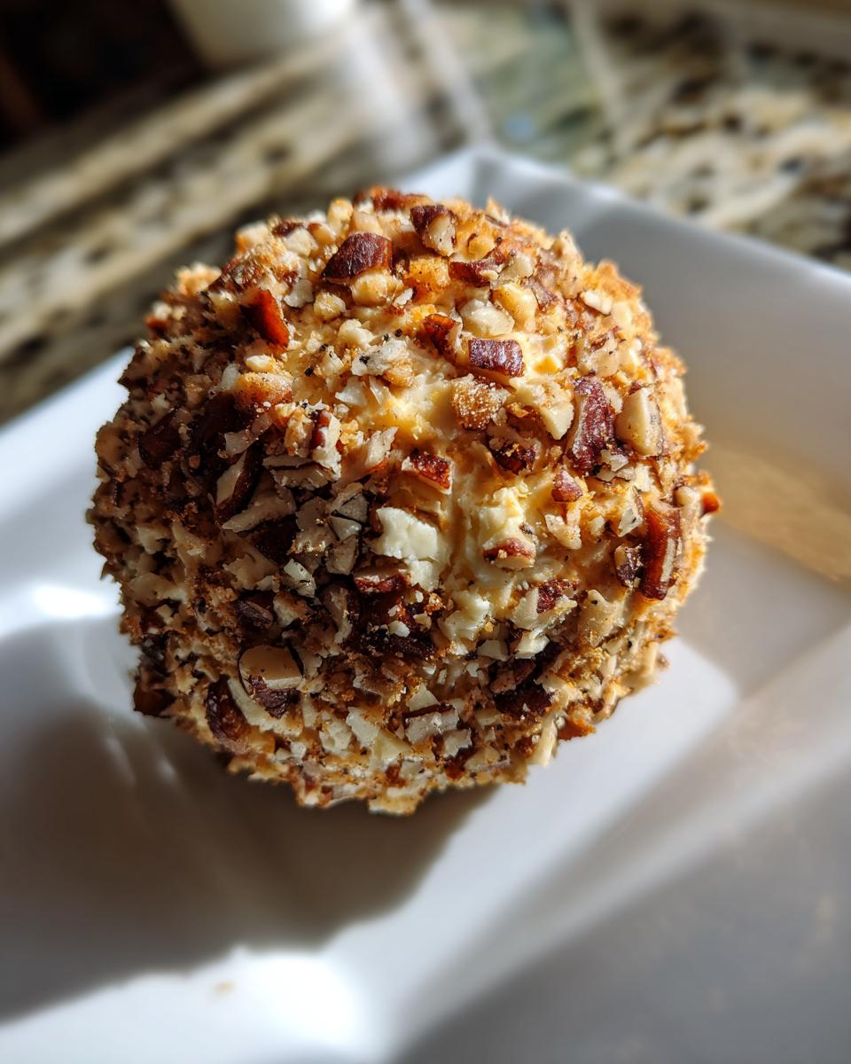 A close-up of a delicious cheese ball recipe coated entirely in chopped pecans and spices, sitting on a white plate.