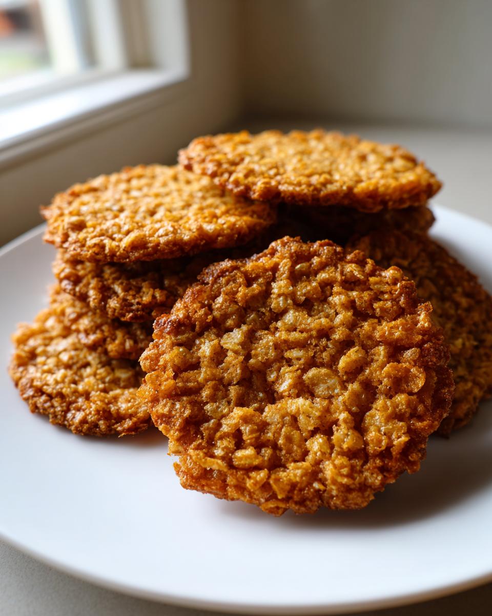 Close-up of a stack of crispy, golden brown oatmeal lace cookies resting on a white plate near a window.