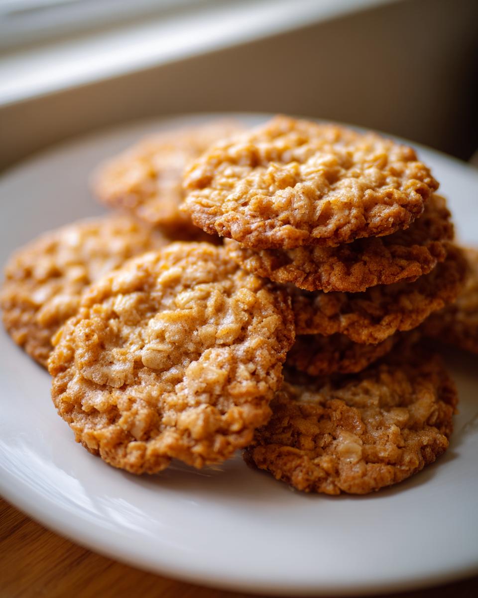 A close-up stack of golden brown, crispy oatmeal lace cookies resting on a white plate near a window.
