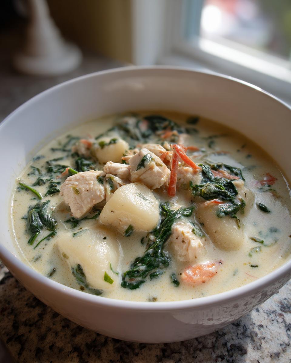 A close-up view of a white bowl filled with creamy Olive Garden Chicken Gnocchi Soup, showing chunks of chicken, soft gnocchi, and spinach.