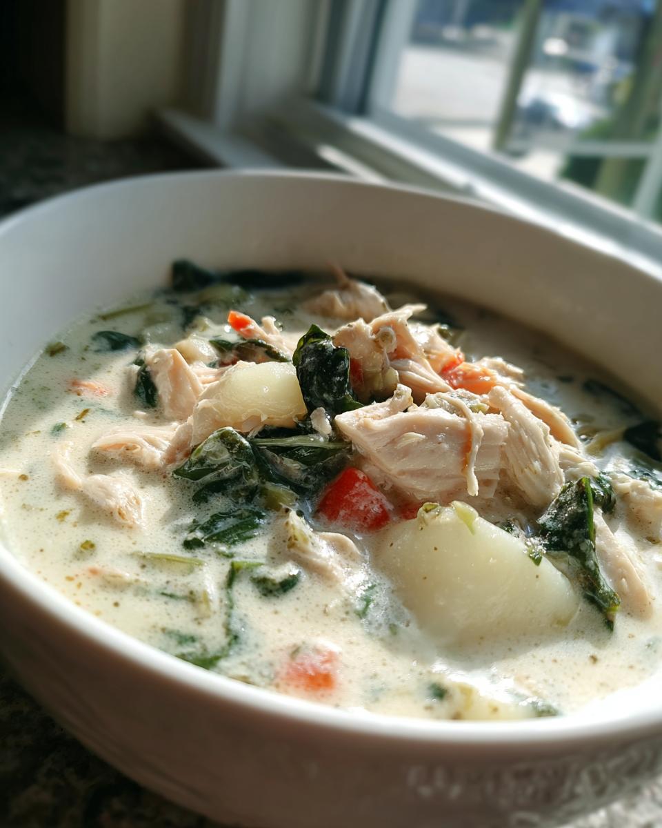 Close-up of a bowl of creamy Olive Garden Chicken Gnocchi Soup with shredded chicken, spinach, and potato dumplings.