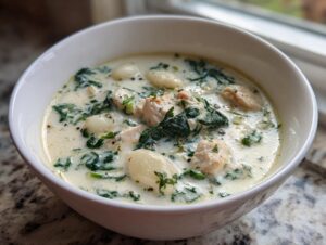 Close-up of a white bowl filled with creamy Olive Garden Chicken Gnocchi Soup, featuring chunks of chicken, spinach, and soft gnocchi.