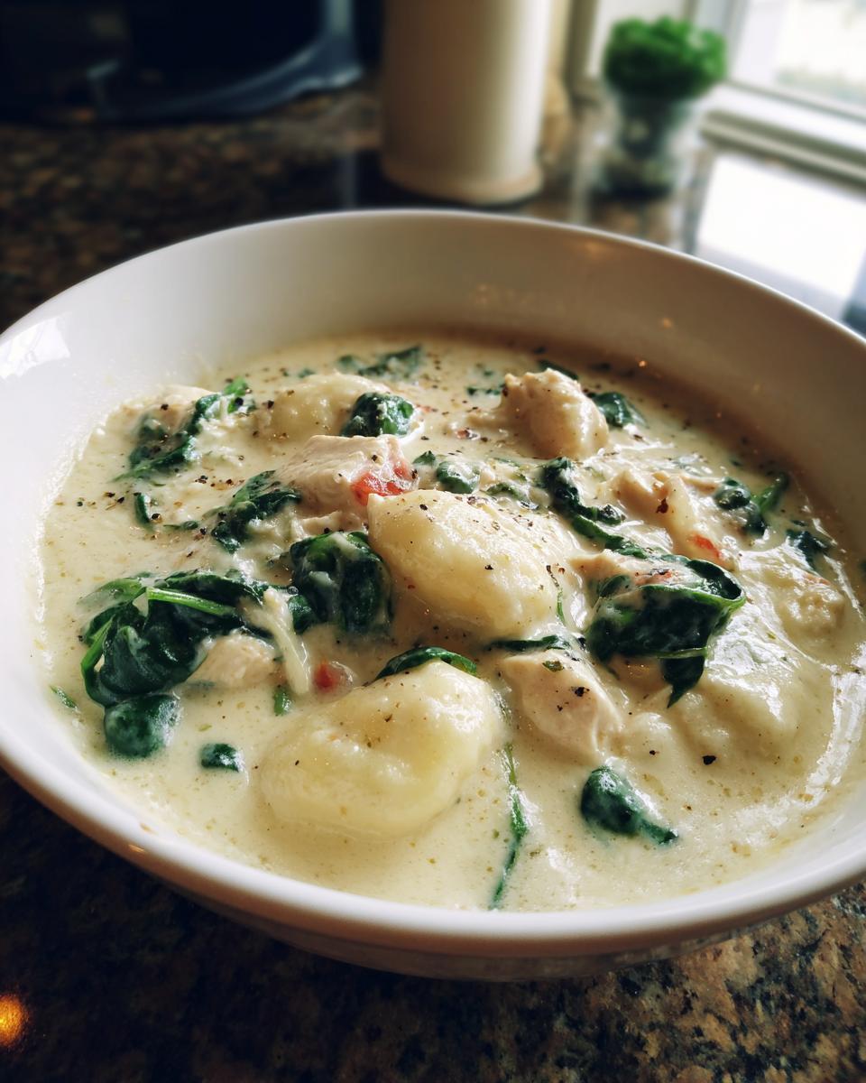 A close-up of a bowl of creamy Olive Garden Chicken Gnocchi Soup, featuring dumplings, chicken, and spinach.