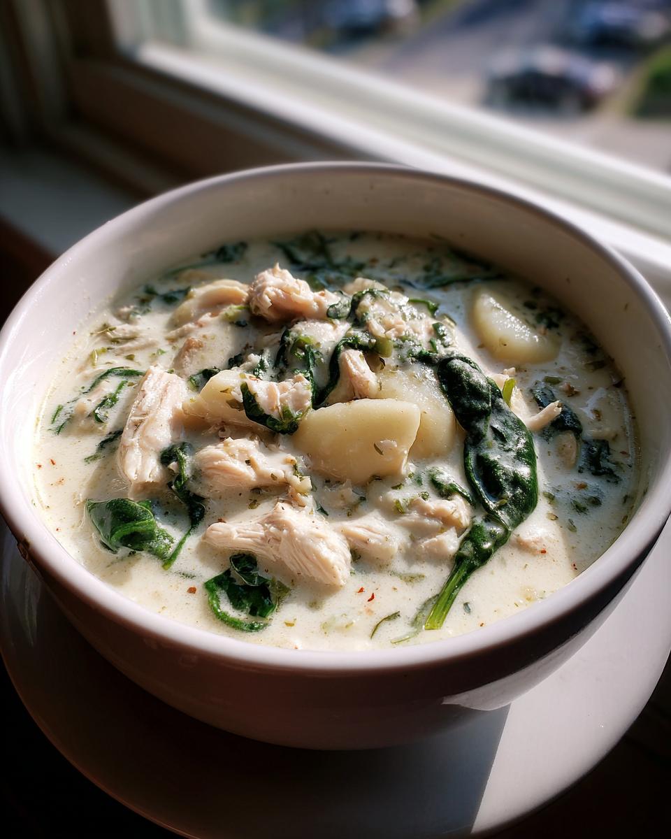 Close-up of a creamy bowl of homemade Olive Garden Chicken Gnocchi Soup with shredded chicken, spinach, and potato gnocchi.