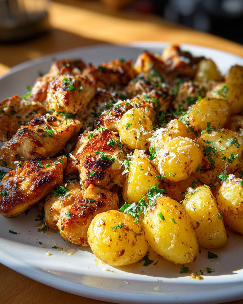 Close-up of golden brown garlic parmesan chicken and roasted potatoes garnished with cheese and parsley.