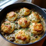 Close-up of golden-brown dumplings resting on top of a rich, creamy ground beef and dumplings stew in a black skillet.