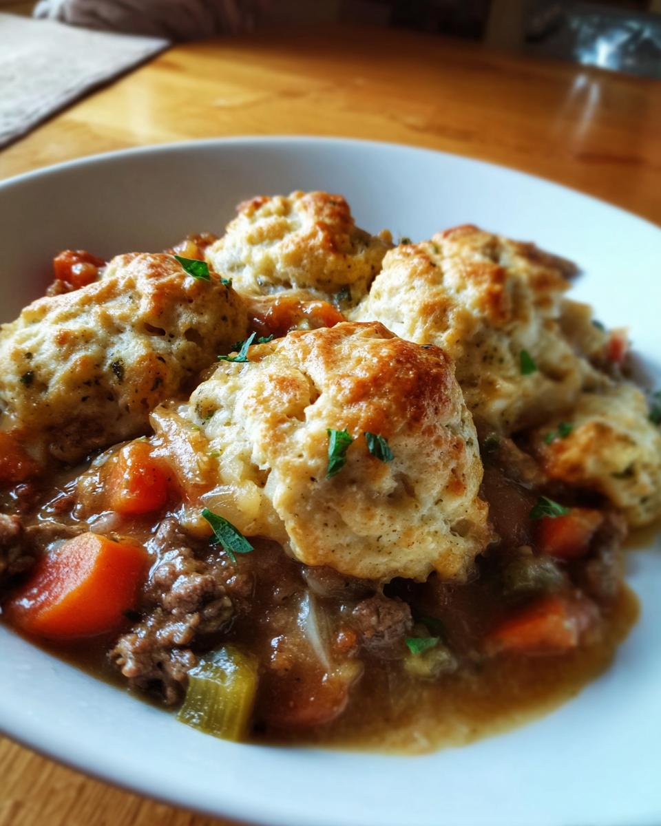 A close-up of a white bowl filled with rich ground beef and dumplings stew, garnished with parsley.