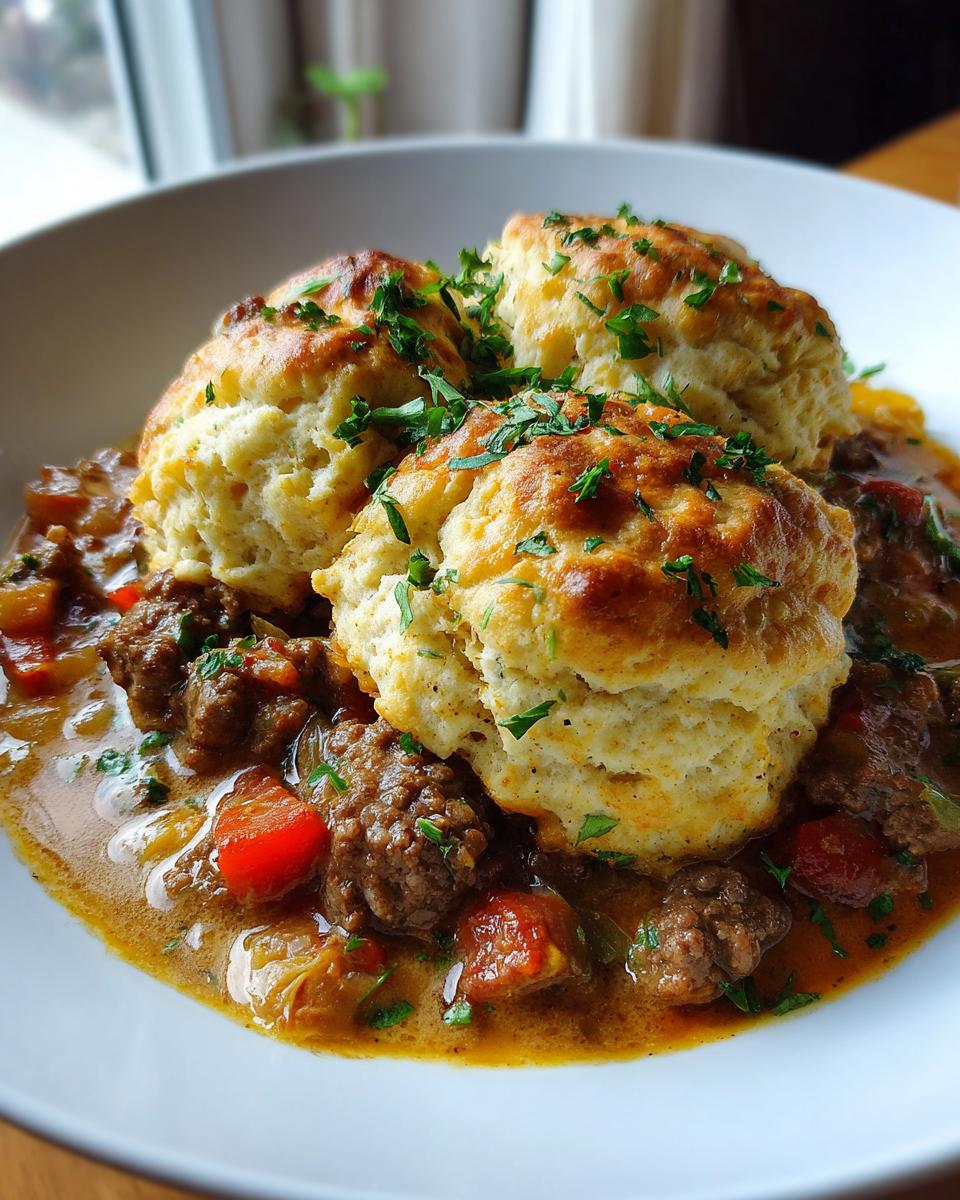 Close-up of three golden biscuits topping a rich stew of ground beef and dumplings, garnished with parsley.