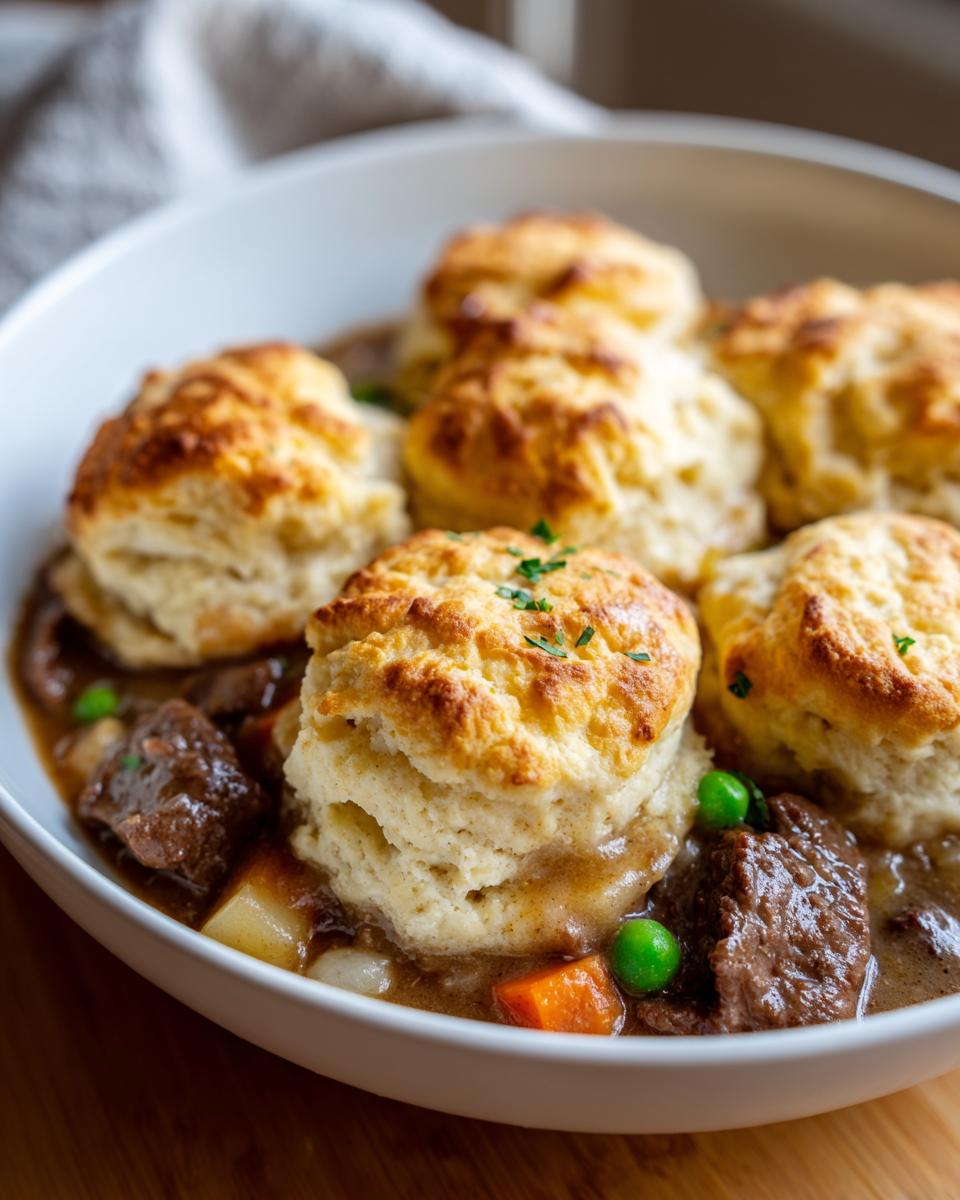 Close-up of a bowl filled with rich stew featuring chunks of beef, carrots, and peas, topped with golden baked dumplings for ground beef and dumplings.