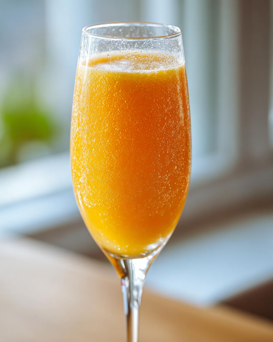 Close-up of a fizzy, bright orange bellini recipe cocktail served in a tall champagne flute.