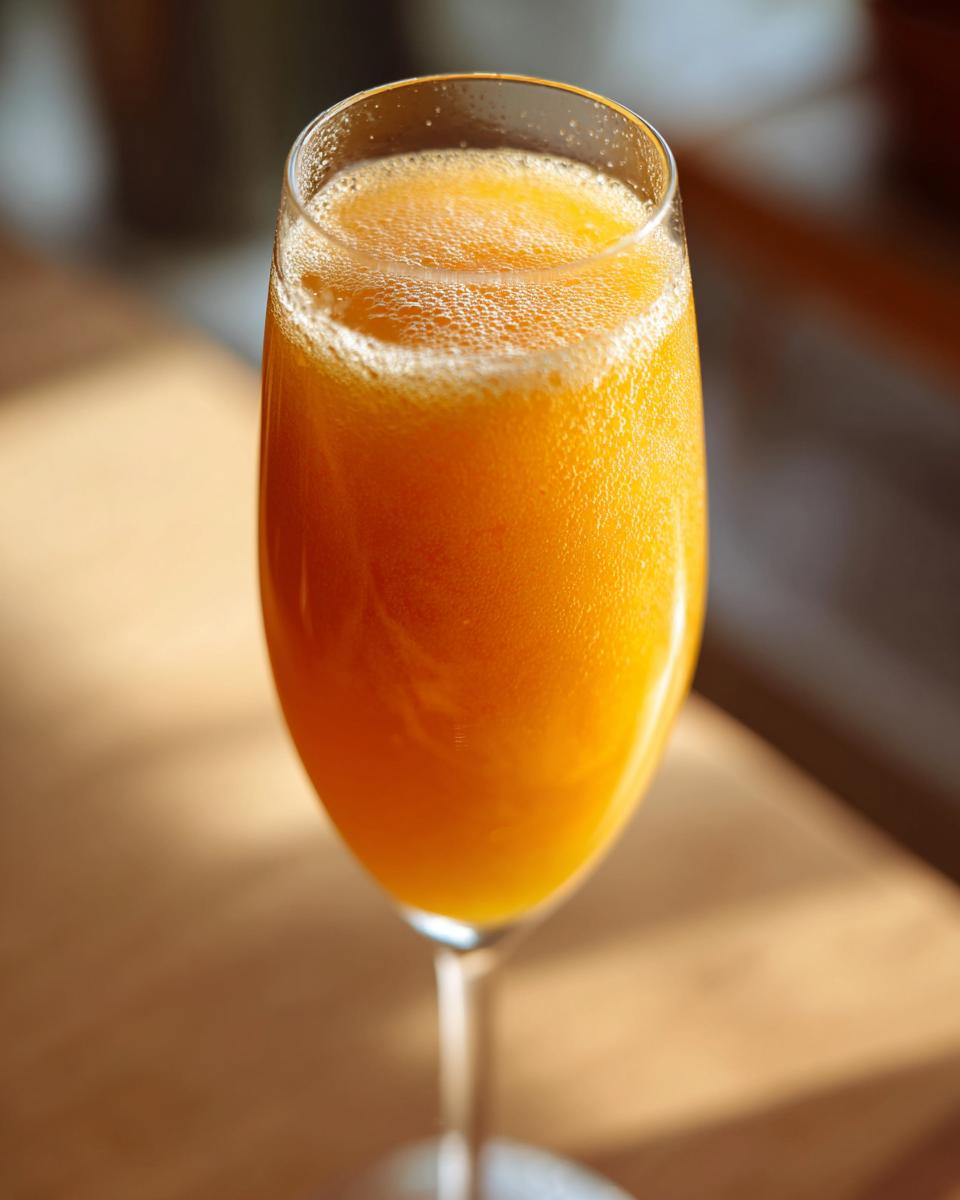 Close-up of a tall flute glass filled with a bright orange, bubbly bellini recipe cocktail.