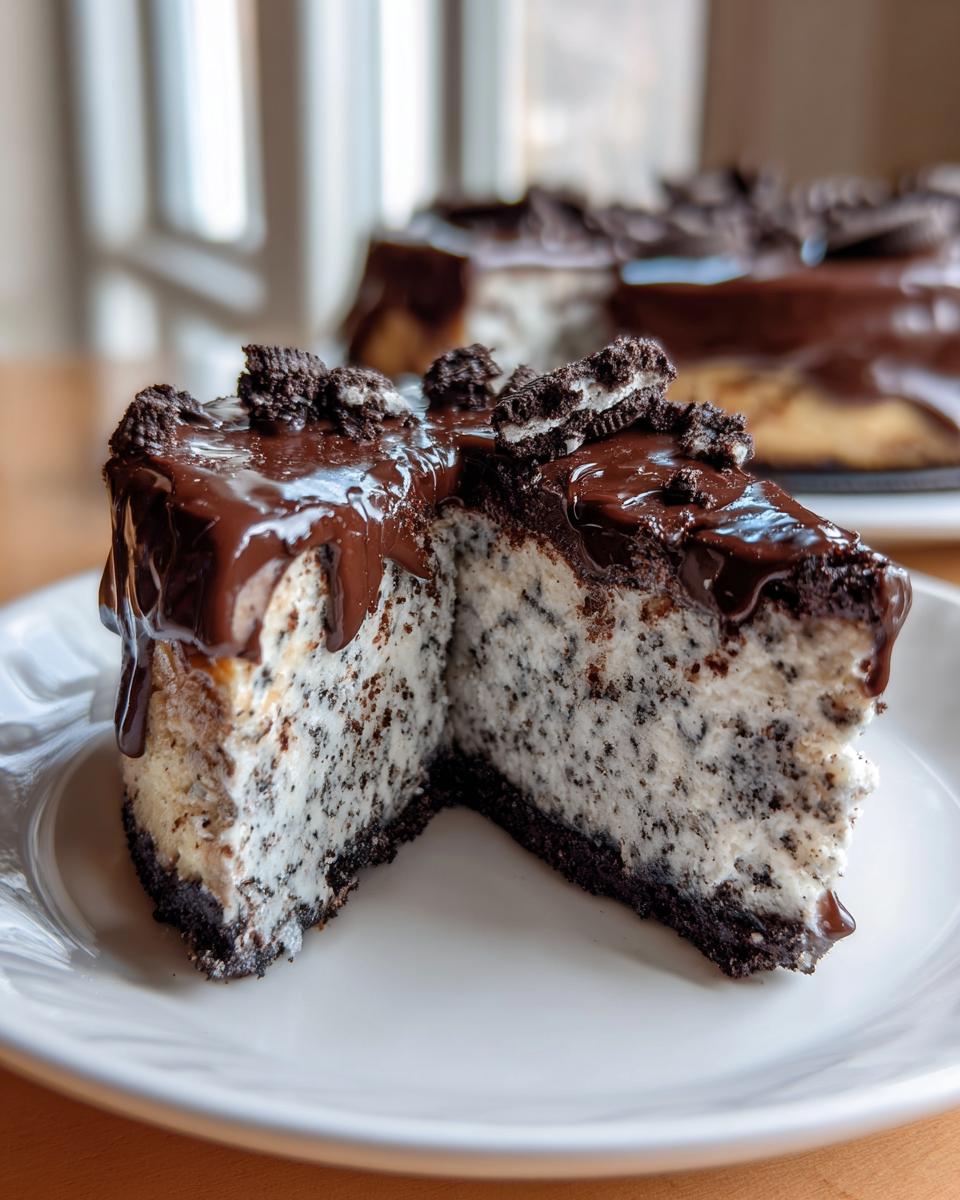 A decadent slice of Oreo cheesecake, cut in half, showing the cookie-speckled filling, dark crust, and rich chocolate ganache topping.