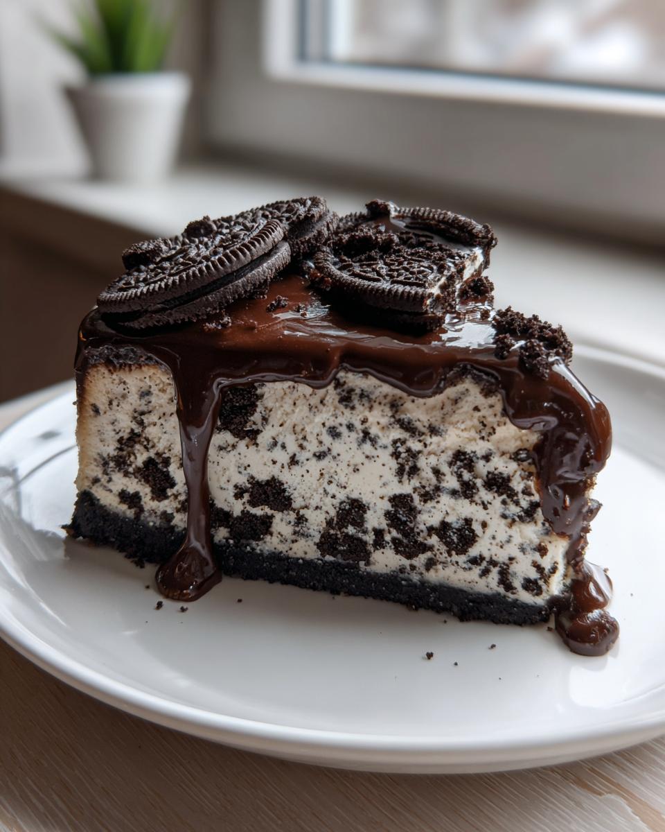 A decadent slice of Oreo cheesecake with a thick chocolate ganache drizzle and whole Oreo cookies on top.