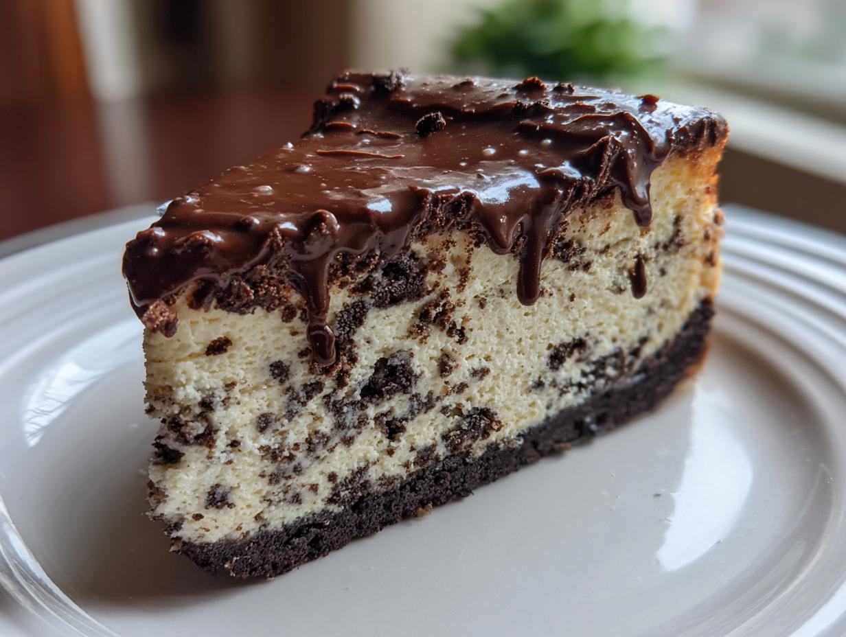A decadent slice of Oreo cheesecake with chocolate cookie pieces mixed in and topped with a rich chocolate ganache drizzle.