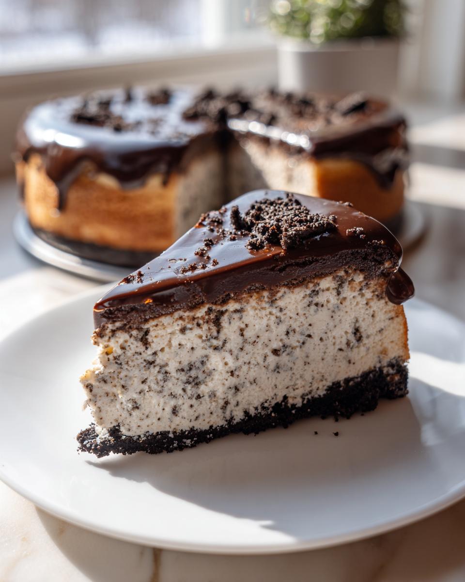A close-up slice of creamy Oreo cheesecake topped with rich chocolate ganache and cookie crumbs.