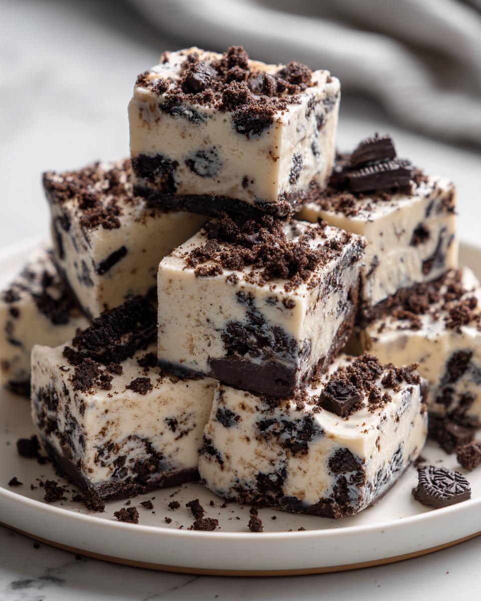 A stack of creamy white Oreo fudge squares loaded with dark chocolate cookie pieces, topped with cookie crumbles.