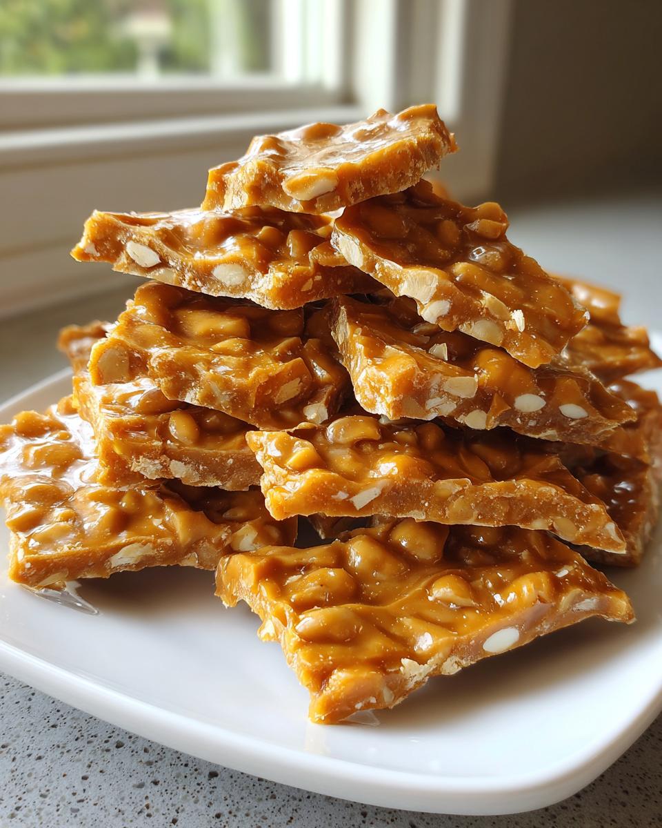 A stack of freshly broken, golden-brown pieces of peanut brittle recipe candy on a white plate.