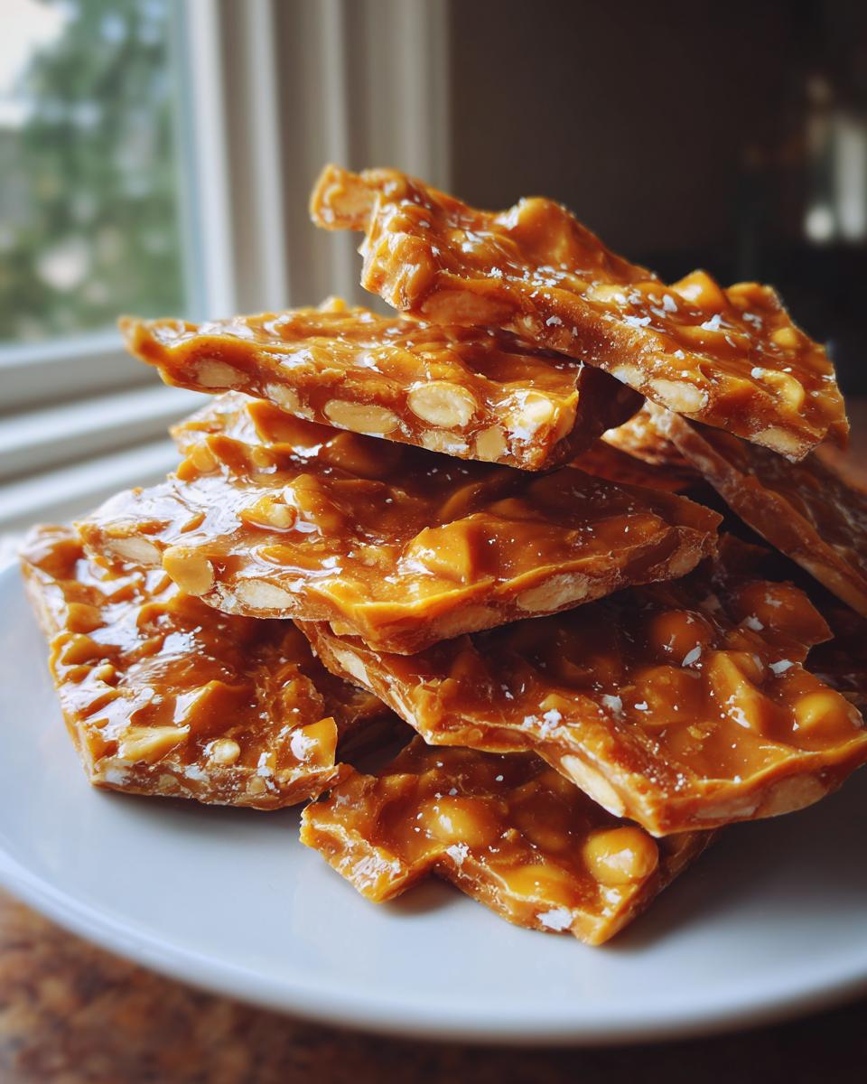 A stack of golden, glossy pieces of homemade peanut brittle recipe scattered with coarse salt, resting on a white plate.