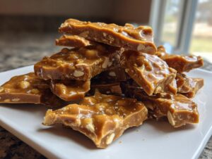 A stack of golden brown, glossy pieces of homemade peanut brittle recipe scattered on a white plate.