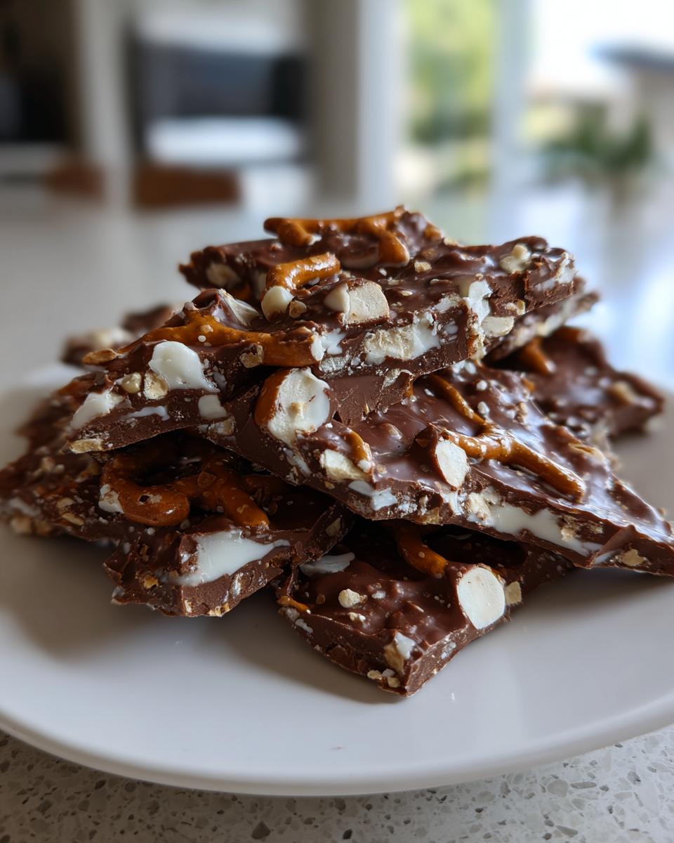 Close-up of broken pieces of peanut butter pretzel bark stacked on a white plate, showing chocolate, pretzels, and white filling.