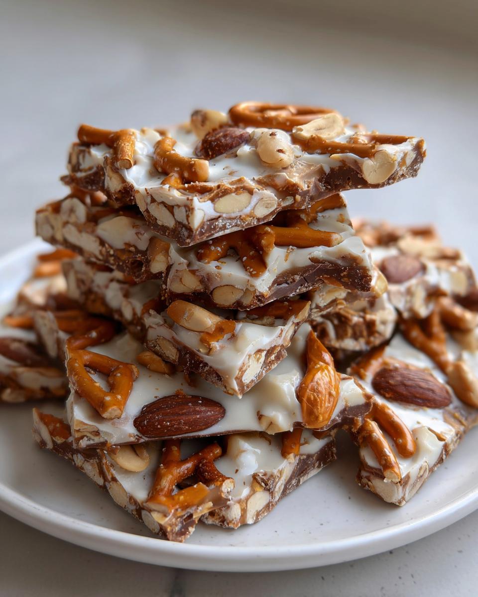 A stack of broken pieces of peanut butter pretzel bark topped with almonds and pretzels.