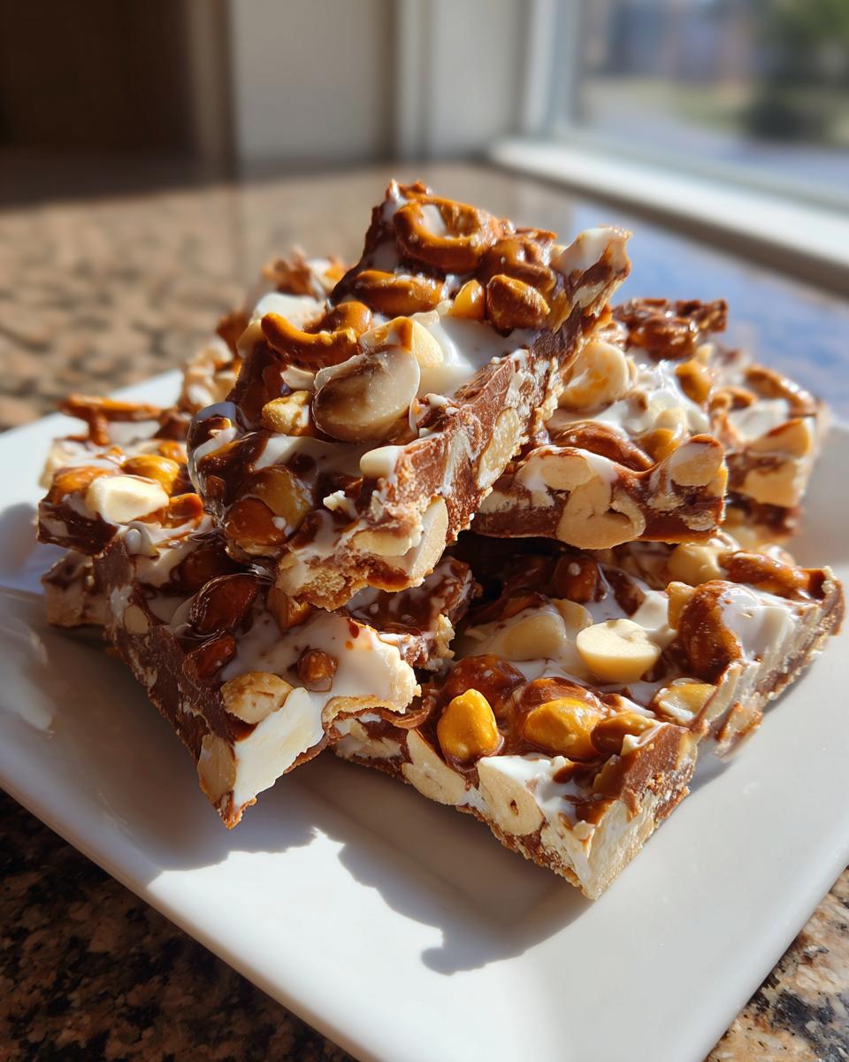 Close-up of stacked pieces of peanut butter pretzel bark topped with peanuts and drizzled with white chocolate.