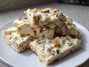 A stack of white chocolate peanut butter pretzel bark pieces with visible pretzel chunks on a white plate.