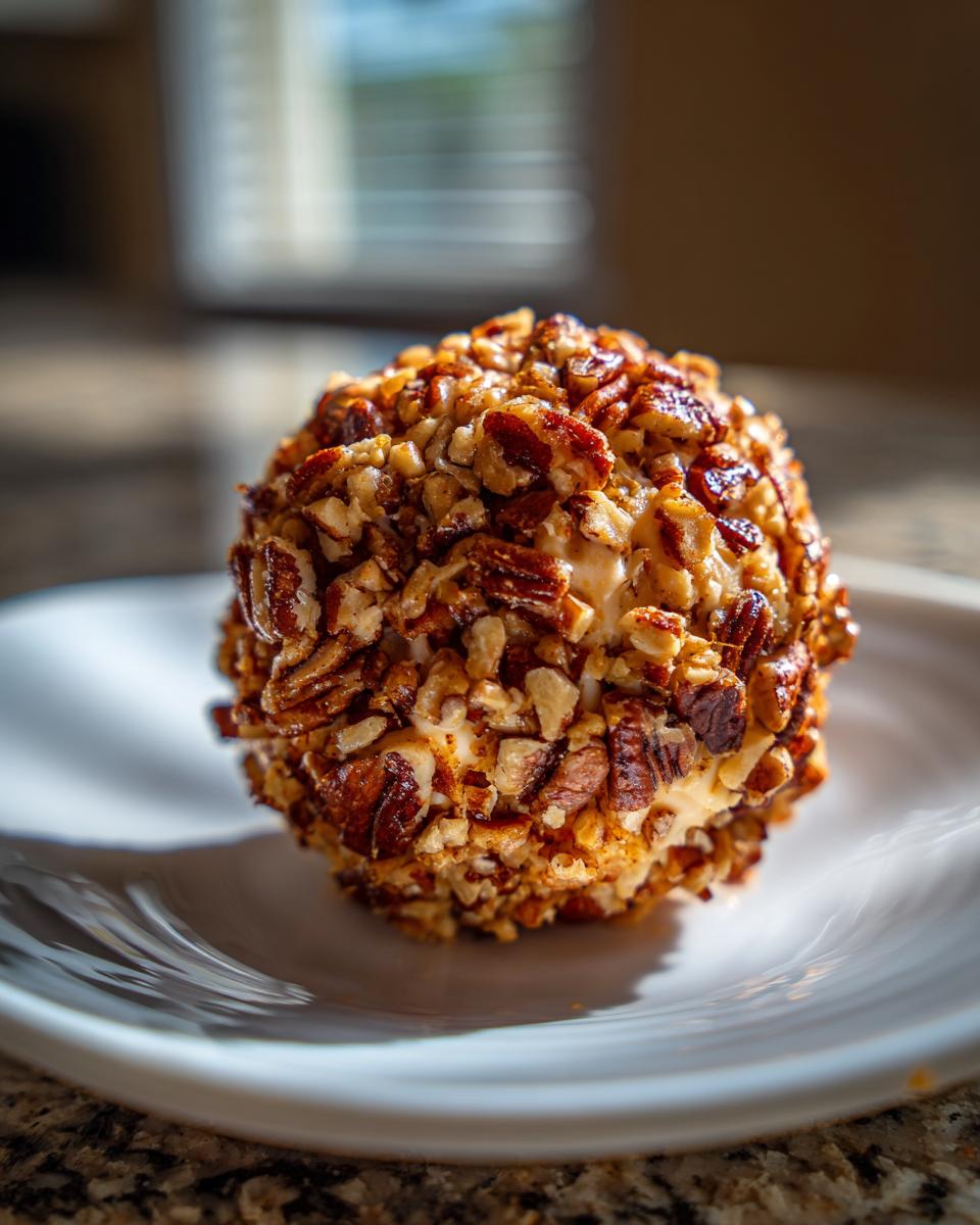 A delicious, round cheese ball recipe coated entirely in chopped pecans, sitting on a white plate.