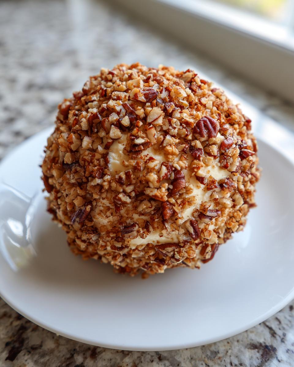 A perfectly formed cheese ball recipe coated entirely in chopped pecans, resting on a white plate.