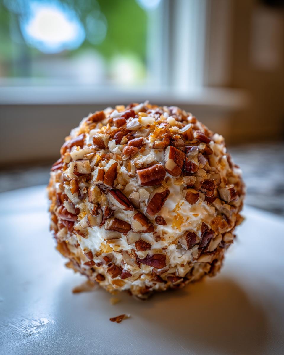 A close-up of a perfectly formed cheese ball recipe coated entirely in chopped pecans.