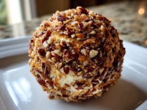 Close-up of a perfectly formed cheese ball recipe coated entirely in chopped pecans.