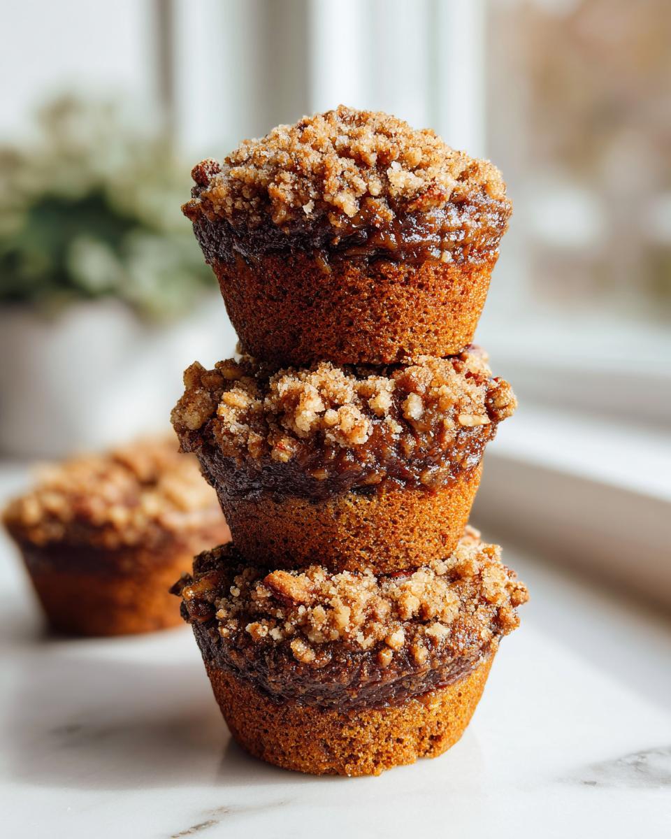 Three delicious pecan pie muffins stacked vertically, featuring a gooey center and crunchy pecan streusel topping.