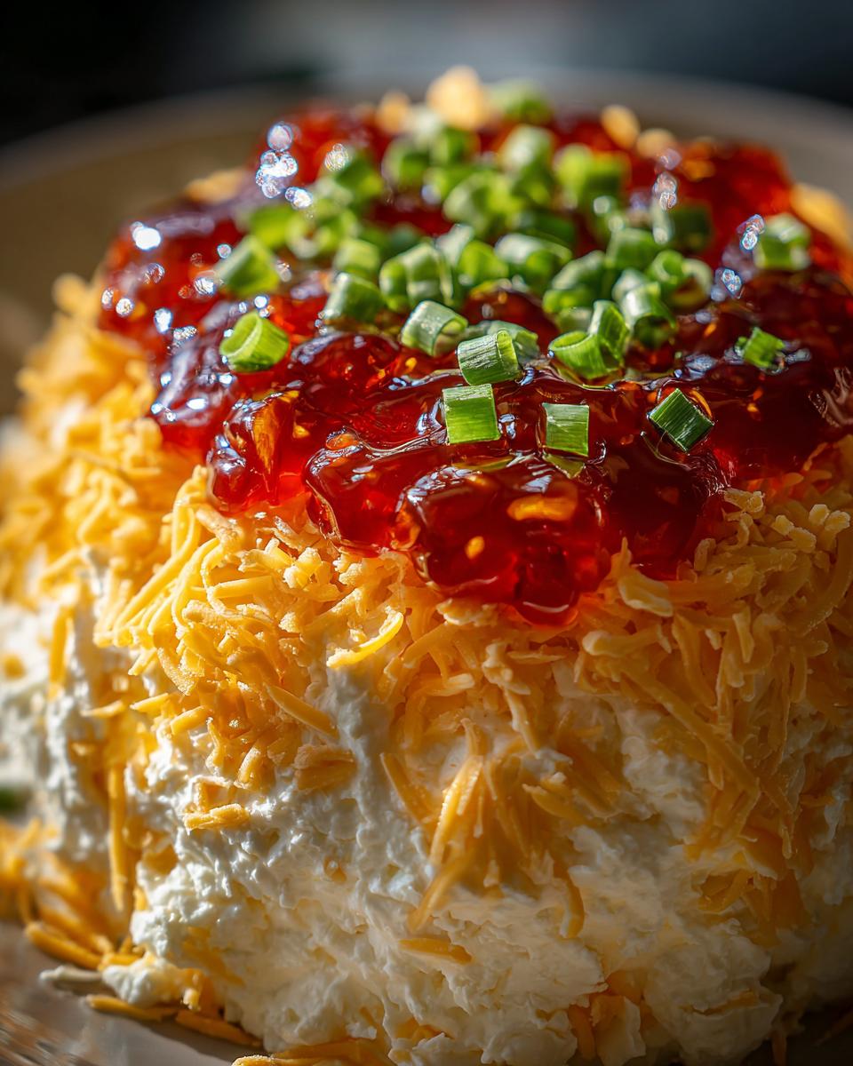 Close-up of a mound of pepper jelly cheese dip topped with shredded cheddar and chopped green onions.