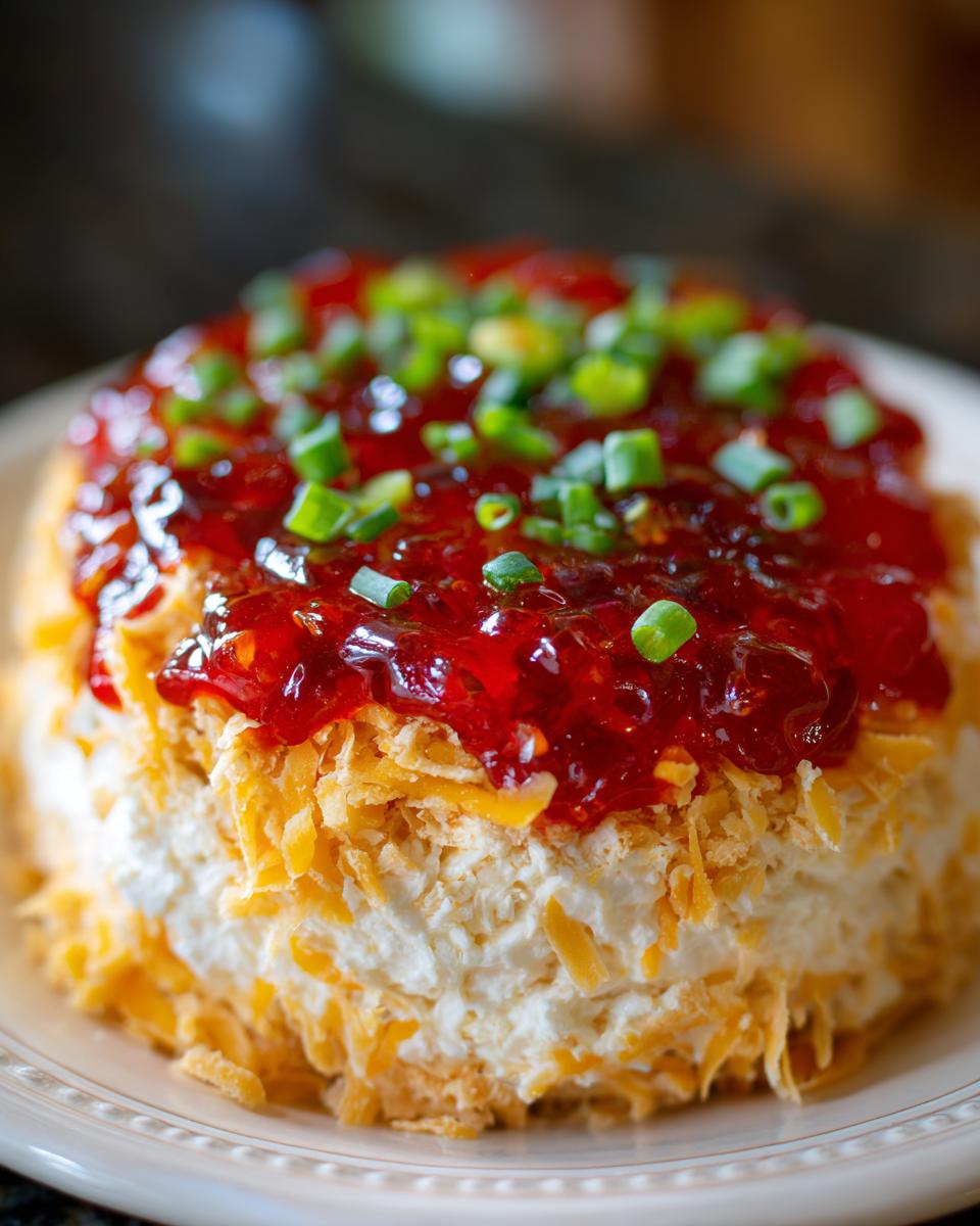 A round block of pepper jelly cheese dip covered in shredded cheddar and topped with bright red jelly and chopped green onions.