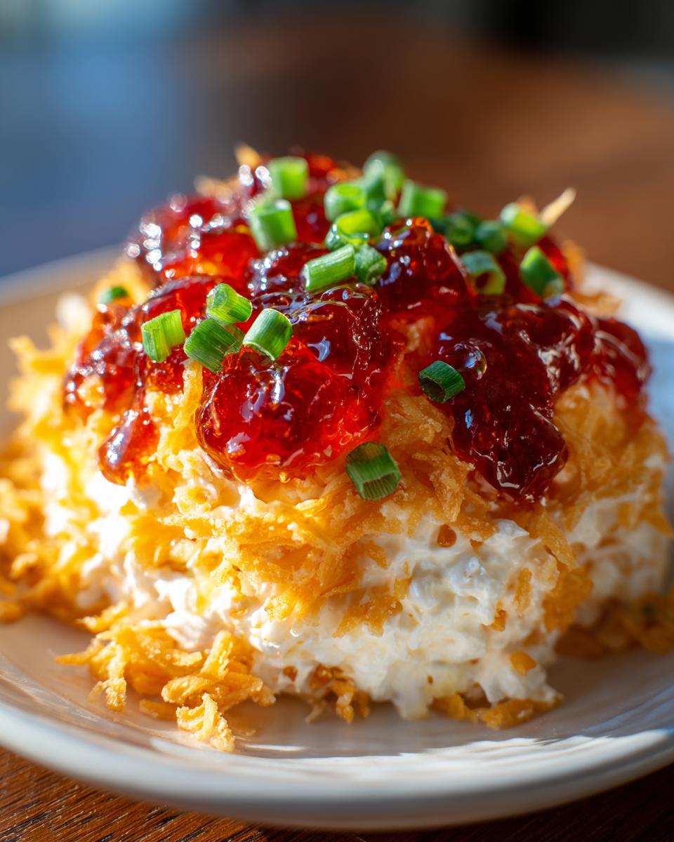 Close-up of a mound of pepper jelly cheese dip topped with red pepper jelly and chopped green onions.