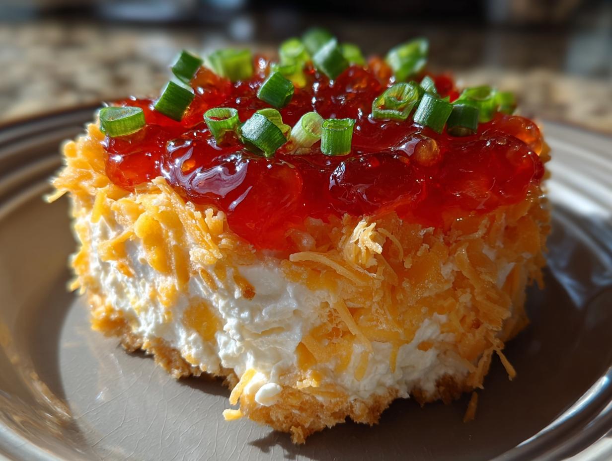 A close-up view of a serving of pepper jelly cheese dip, showing the creamy white cheese base, shredded cheddar coating, and bright red jelly topping with green onions.
