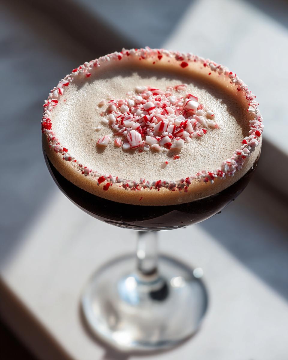Close-up of a peppermint espresso martini with a thick foam top, rimmed and topped with crushed candy canes.