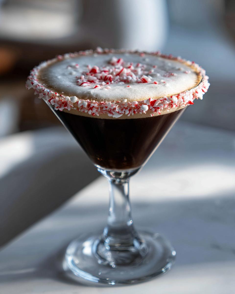 A rich peppermint espresso martini in a coupe glass, featuring a thick foam top and a rim coated in crushed candy canes.