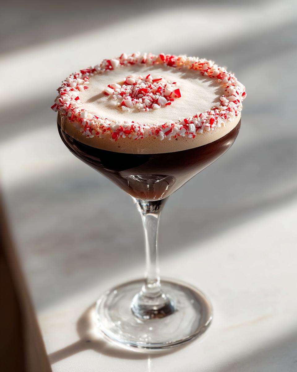 A festive peppermint espresso martini in a coupe glass, topped with foam and crushed candy canes.