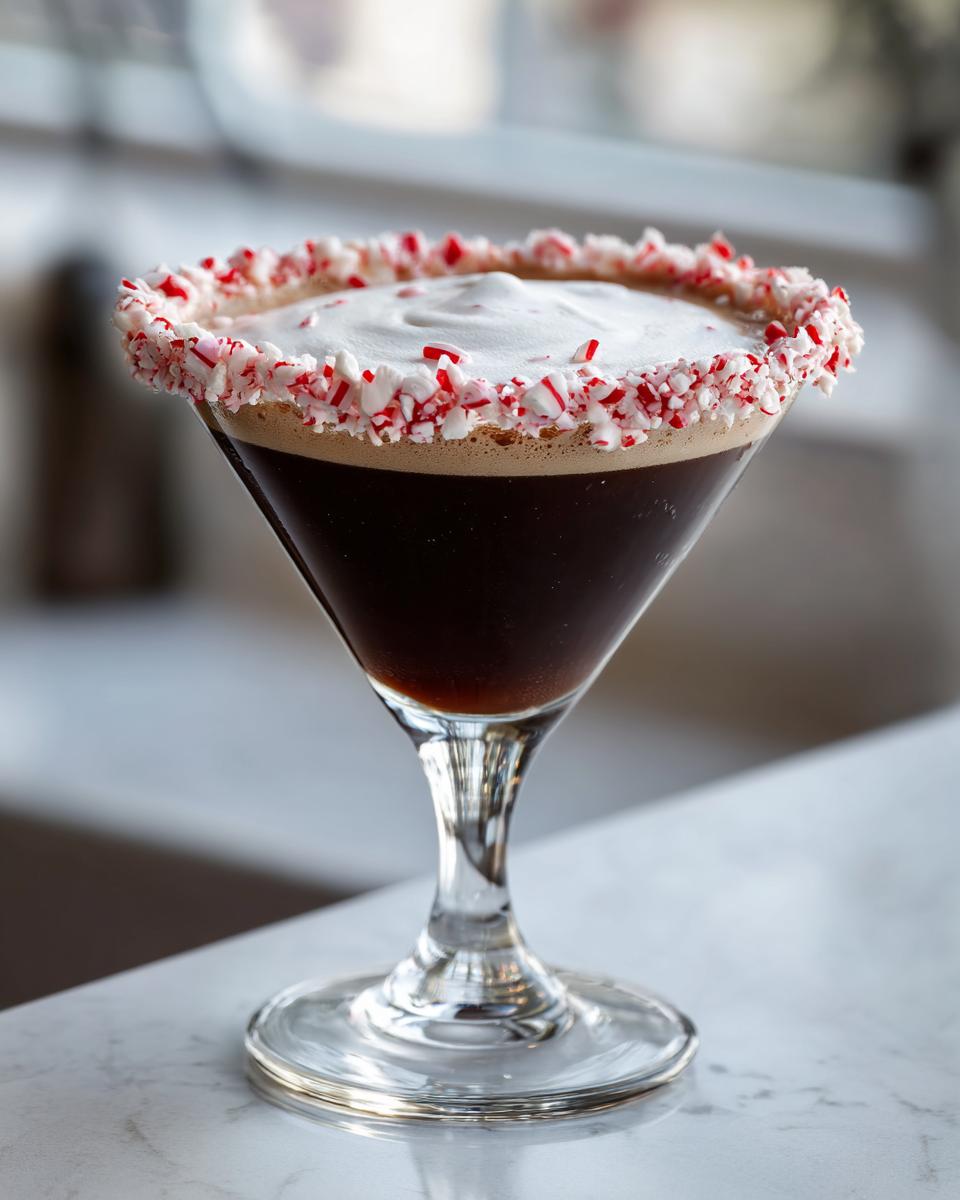 A rich, dark peppermint espresso martini topped with foam and a crushed candy cane rim.