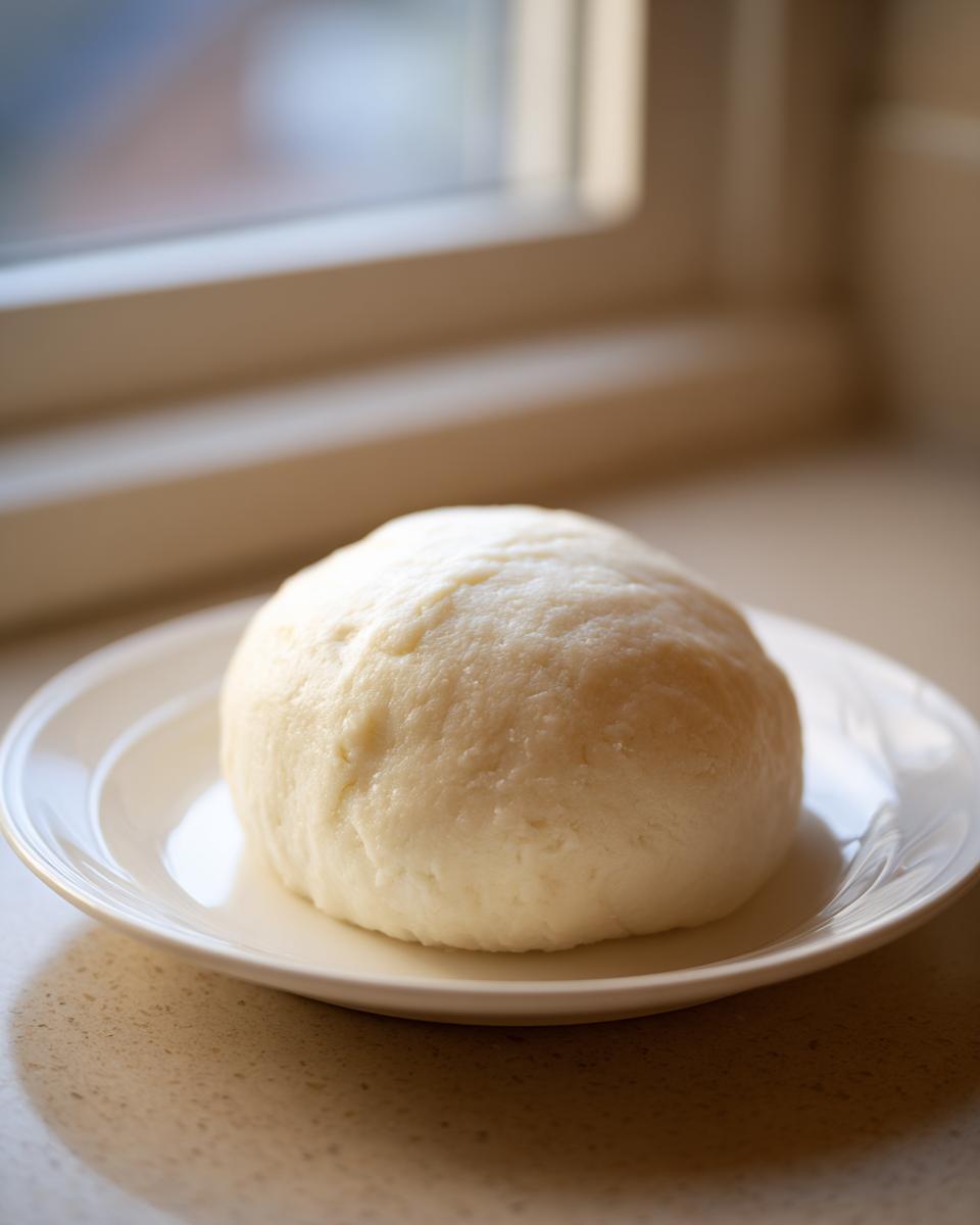 A perfectly shaped, smooth ball of white fufu resting on a small white plate near a window.