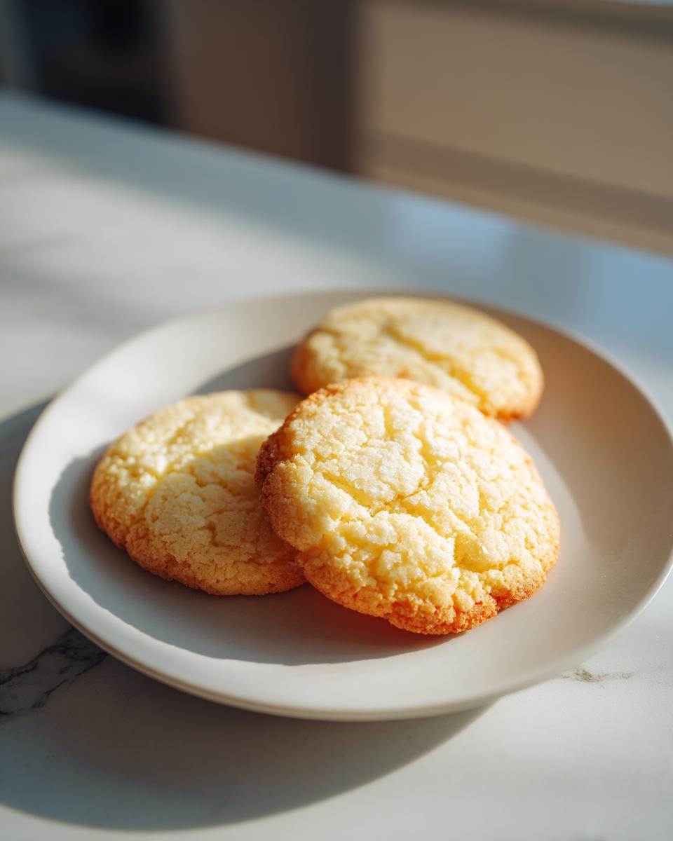 Three golden brown, perfectly shaped soft sugar cookies resting on a light-colored plate.
